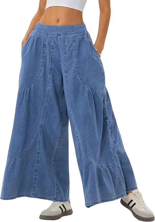 Ladyful Women's boho denim palazzo pants, flowy wide-leg baggy jeans with ruffle detailing and relaxed comfortable fit