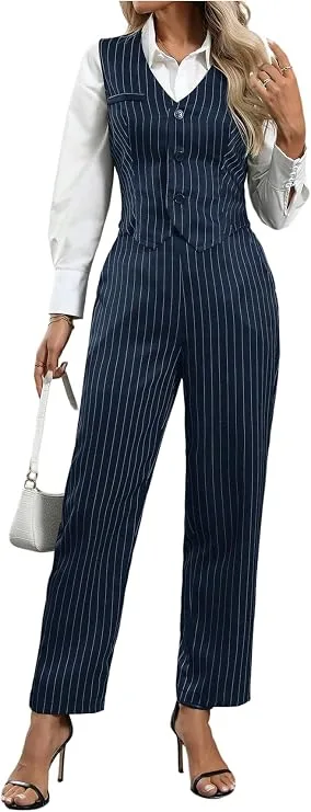 SOLY HUX Women's two-piece set, sleeveless button-down blazer vest with matching tailored pants for polished style