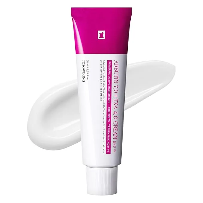 TOSOWOONG Arbutin 7% Tranexamic Acid 4% Cream tube, brightening formula for dark spots and uneven skin tone