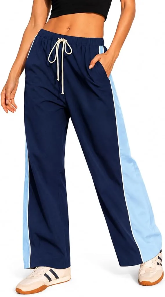 Womens Parachute Pants Color Block Wide Leg Baggy Trousers Y2K Elastic Waist Jogger Sweatpants Track Pants
