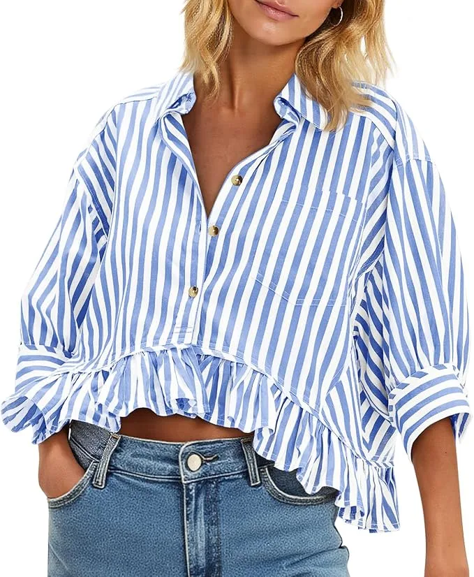 Cicy Bell Women's cropped striped button-down shirt, ruffle detail with 3/4 length sleeves for casual chic style
