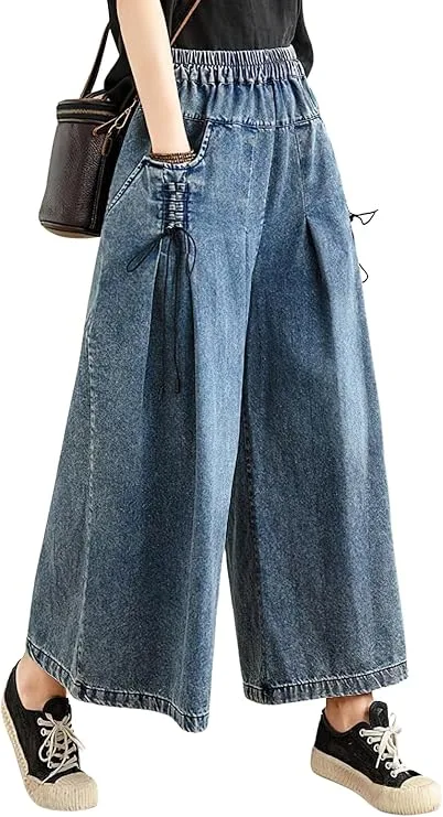 chouyatou Women's wide-leg denim culotte jeans, baggy loose trousers with elastic waistband for casual comfort