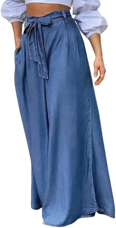 Loveimgs women's high waist denim pants featuring tie front waistband, pleated flowy wide legs, pockets, and stylish casual design