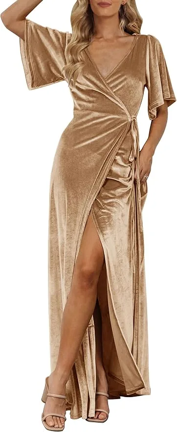MEROKEETY Women's Wrap V Neck Wedding Guest Cocktail Velvet Maxi Dress | Bell Short Sleeve, Tie Waist, Split, Bridesmaid
