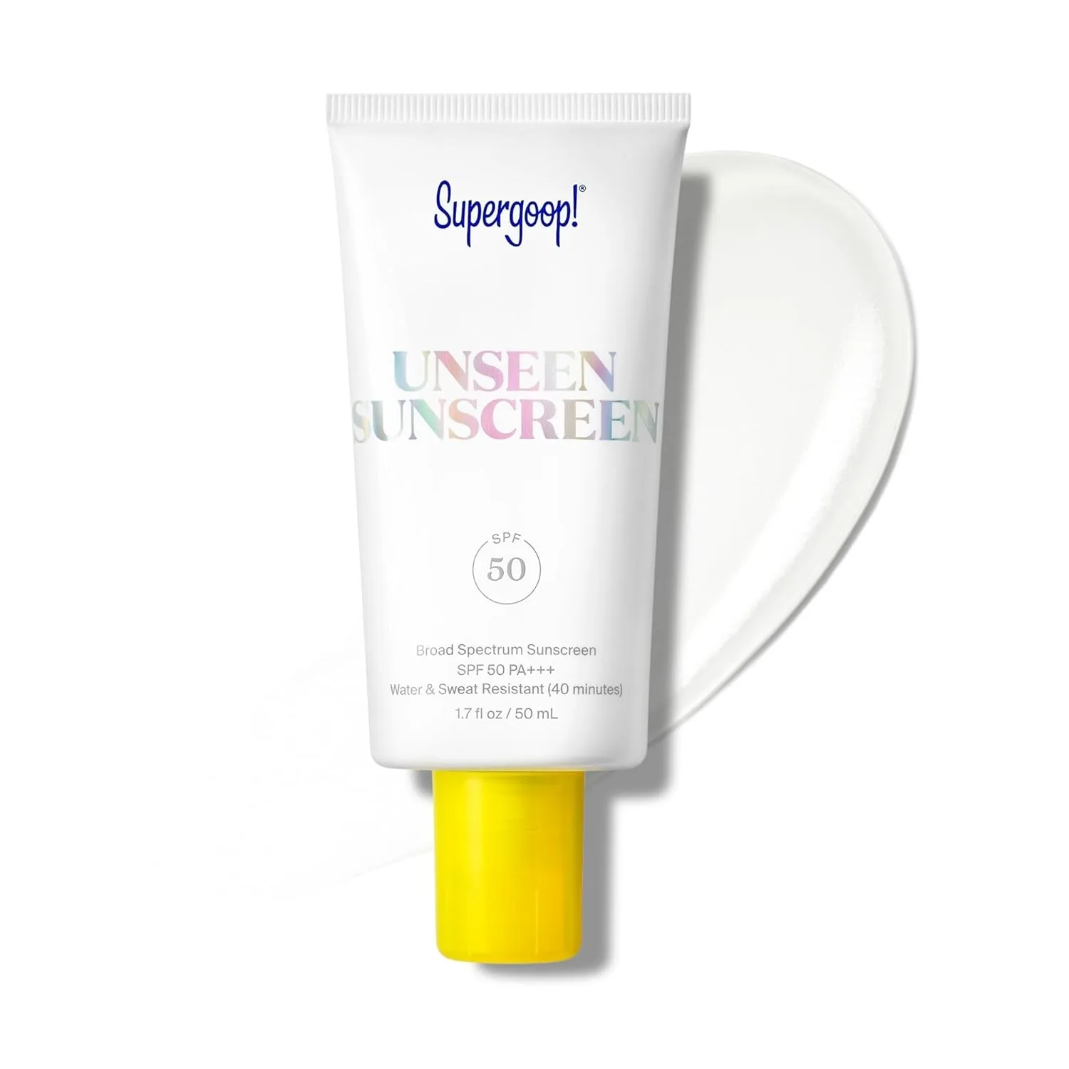 Supergoop! Unseen Sunscreen SPF 50 bottle, clear invisible formula that primes skin while providing broad-spectrum protection