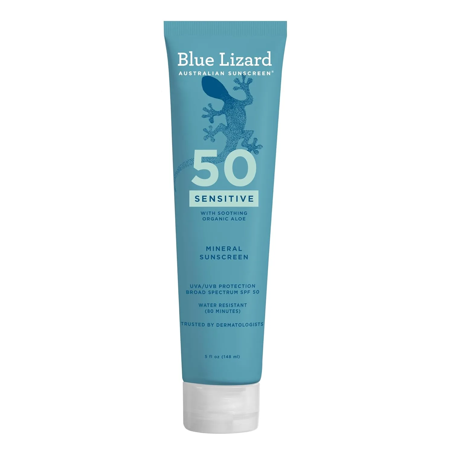 Blue Lizard Sensitive Mineral SPF 50 Sunscreen bottle, 100% mineral formula with organic aloe vera for sensitive skin