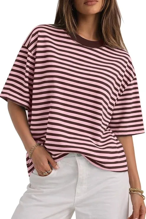 CHYRII Women's oversized striped crewneck t-shirt, short sleeve casual top with Y2K-inspired retro stripe pattern