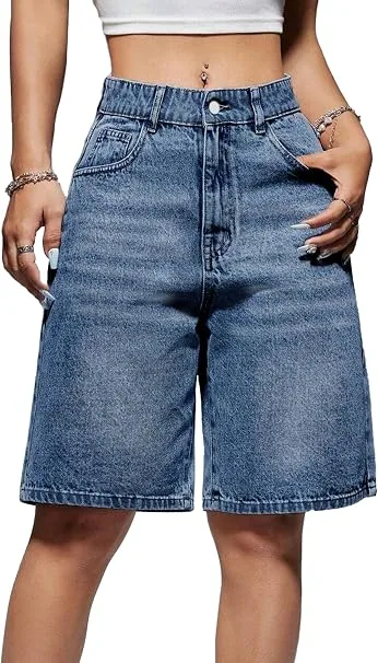 EMMIOL Women's wide-leg high-waisted denim Bermuda shorts, blue jean shorts with relaxed fit and five-pocket design