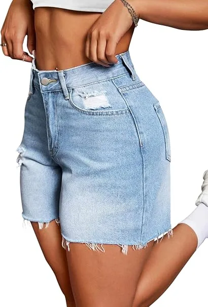 Women's high-waisted ripped denim shorts, distressed blue jorts with frayed hem and five-pocket styling for summer