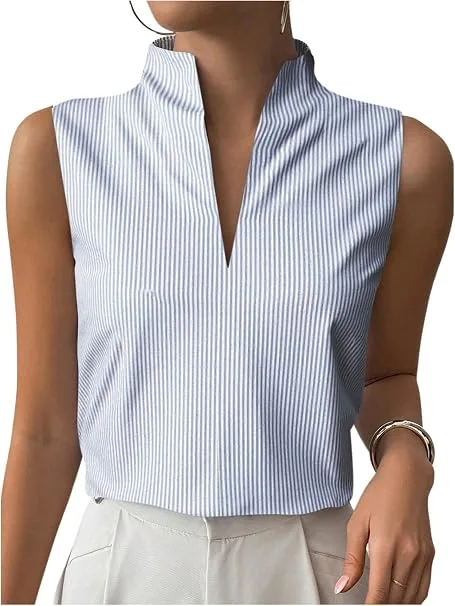 SOLY HUX Women's V Neck Sleeveless Blouses Striped Work Tops