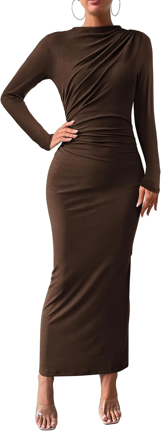 BTFBM Maxi Long Sleeve Bodycon Dress | Brown Mock Neck Wedding Guest Dress