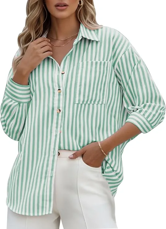CHYRII Women's striped button-down blouse, long sleeve classic top with collar for work or casual wear