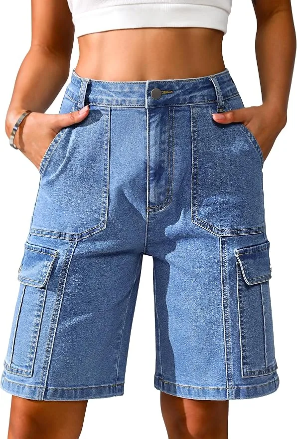 Eddoyee Bermuda Cargo Shorts for Women Casual Long Knee Length High Waisted Stretch Wide Leg Relaxed Fit — Eddoyee — Fas