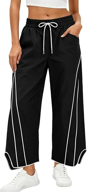 Womens Wide Leg Striped Track Pants Baggy Pockets Loose Fit Drawstring Waist Jogging Dancing Athletic Y2K Trousers