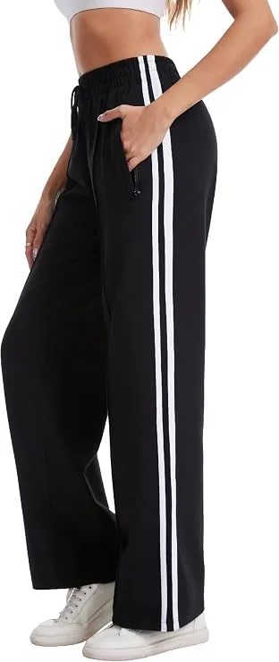 Houmous Cotton Sweatpants Womens Wide Leg Track Pants Lounge Stretch Athletic Loose Jogging Sport Zip Pockets