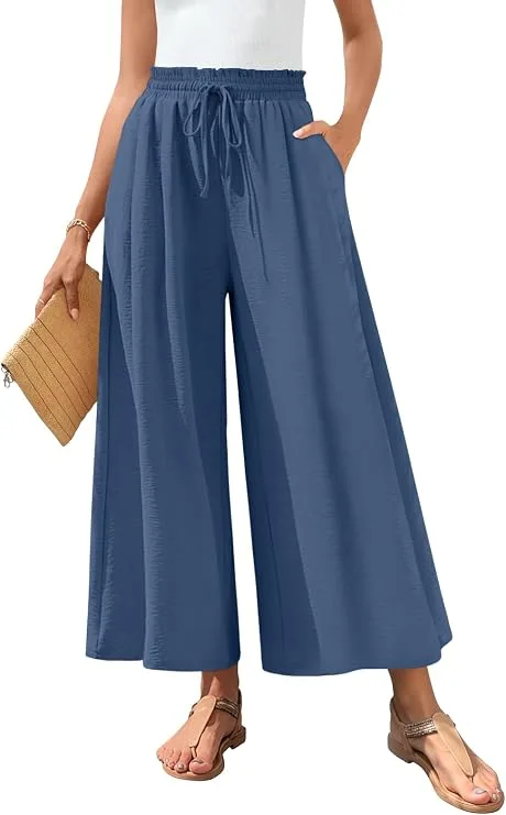 Bestbee Women's wide-leg palazzo pants, flowy cropped gaucho style with elastic waistband and functional side pockets
