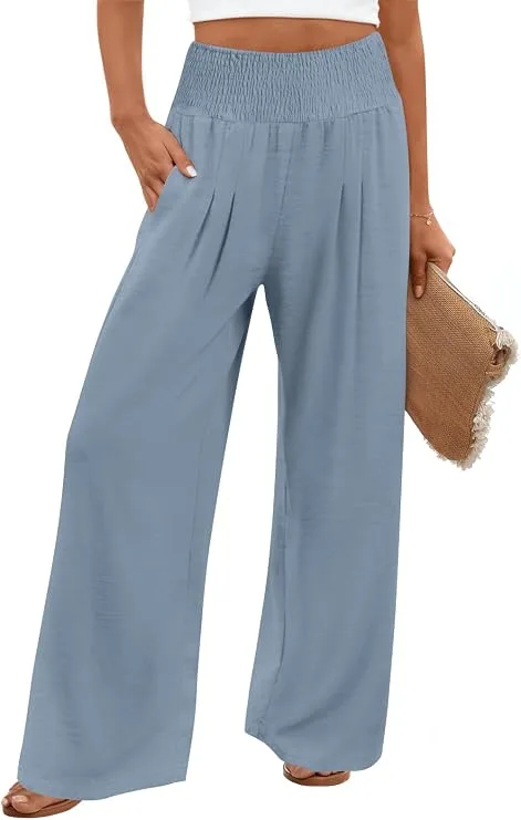 Findsweet womens wide leg palazzo pants featuring flowy fabric, elastic waist, pockets, and comfortable stylish everyday design